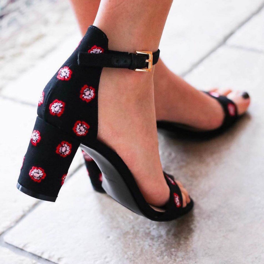 Nine West Floral Embroidered Block Heel Sandals